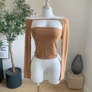 Camel Nude Cut Out Off Shoulder Long Sleeve Top XS